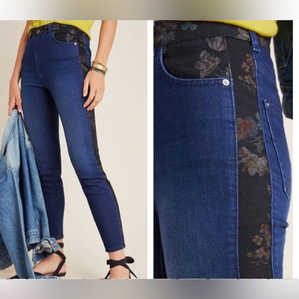 Pilcro Anthro High Rise Skinny Jeans Floral Contrast Sz 29 *Raw hem